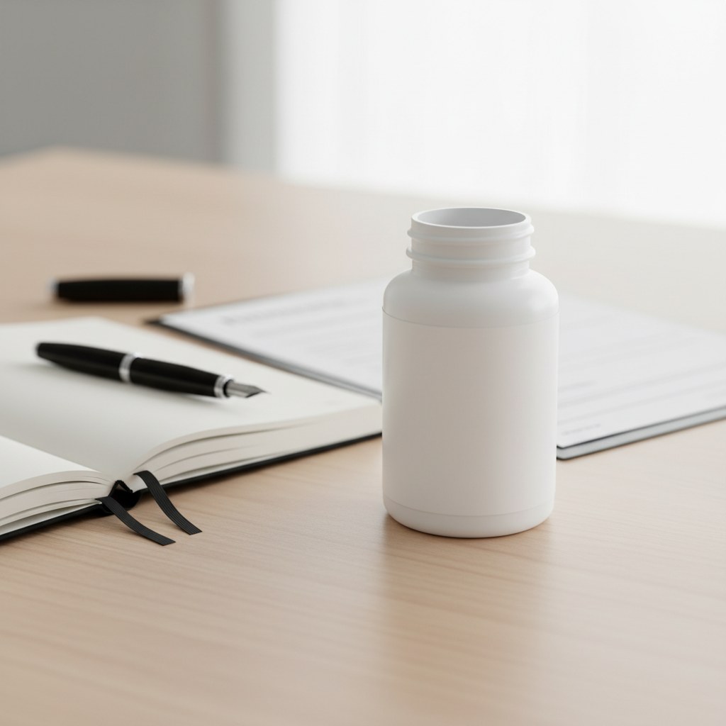 White magnesium bottle on a practitioner's desk with an open clinical notebook, pen, and lab report